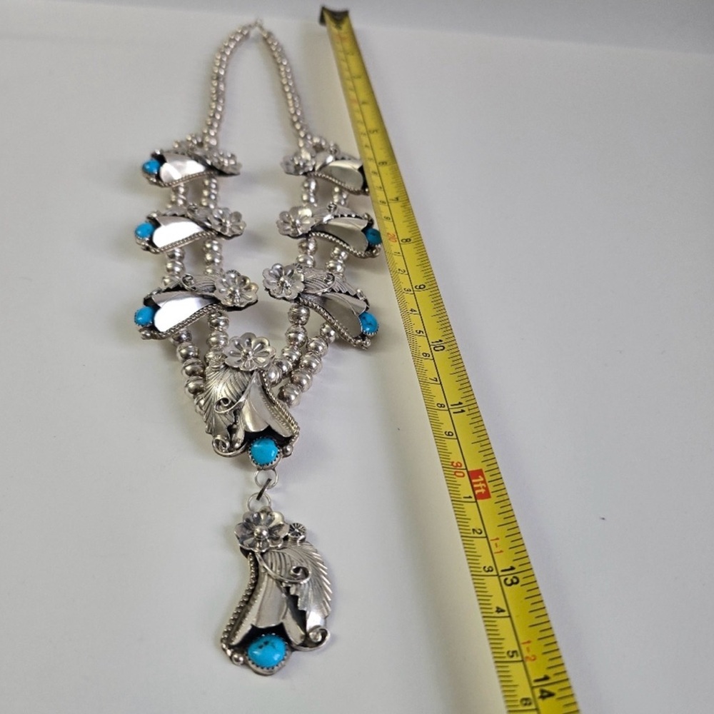 Sterling Silver 925 and Turquoise Floral Squash Blossom Necklace - Picture 3 of 16